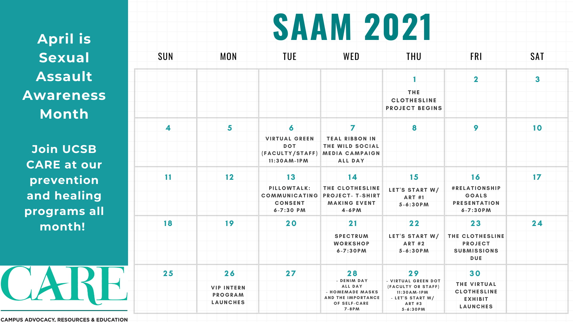 Sexual Assault Awareness Month Calendar April 2021