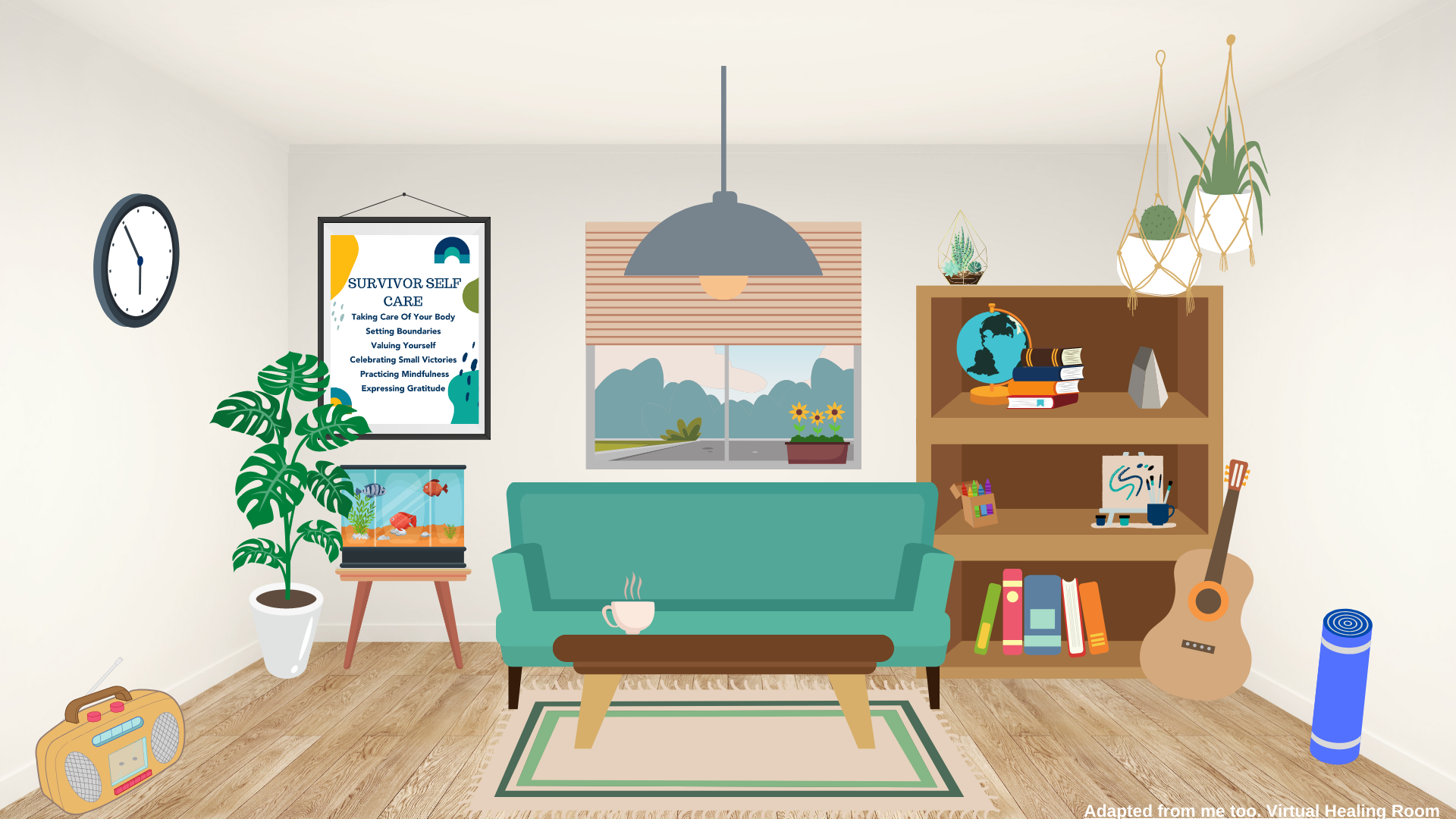 This is an image of CARE's virtual healing room. A teal couch is at the center and is surrounded by a fish tank, plants, and book shelf, a guitar, a yoga mat, a radio, and is in front of a window. 